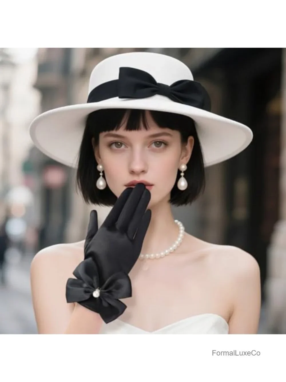 Satin Bow Pearl Wrist Length Dress Gloves for Women Wedding Opera Tea Party
